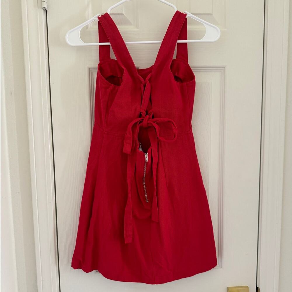 Cloud Ten Red Denim Wide Strap Fitted Mini Dress Adjustable Back Women's Small - Picture 2 of 11